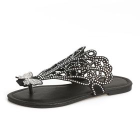 Slip-on Flip-toe Sandals Women's Rhinestone Hollow Flat-heeled Slippers (Option: black-35)