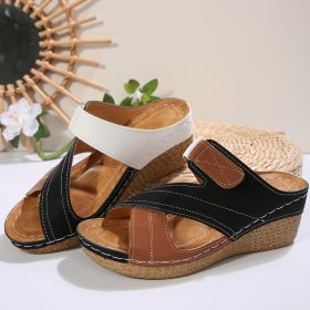 Sewing Line Lightweight Wedge Velcro Multicolor Shoes (Option: White-36)