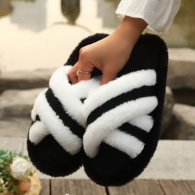 Fluffy Slippers Cross Strap Stitching Warm Casual Platform Slippers (Option: Black-36to37)