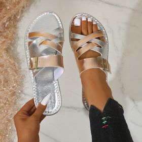 Women's Color Matching Round Head Flat Plus Size Slippers (Option: Silver Pink-36)