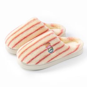 Ins Plush Striped Slippers Winter Warm Letter Embroidered Shoes Fashion Floor Bedroom Home Slipper For Women Men Couples (Option: Pink-36to37)