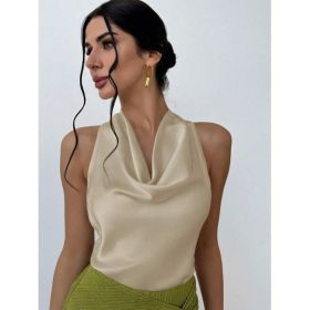 Women Solid Color Swing Collar Sleeveless Vest Trendy Elegant Shirt With Halter Neckline Backless Short Sleeve Tops Tshirts (Option: Apricot-L)