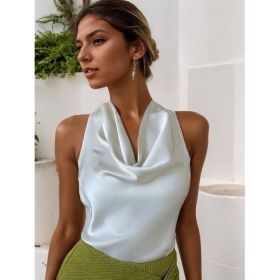 Women Solid Color Swing Collar Sleeveless Vest Trendy Elegant Shirt With Halter Neckline Backless Short Sleeve Tops Tshirts (Option: White-M)