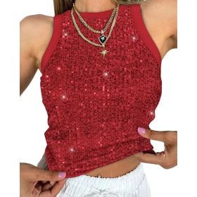 Sexy Cropped Sleeveless Sequin Leopard Print Vest (Option: Red-L)